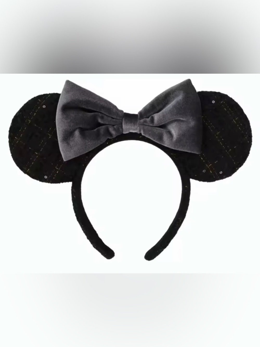 Black Sequin Mouse Ears with Gold Shimmer Headband with Silver Bow